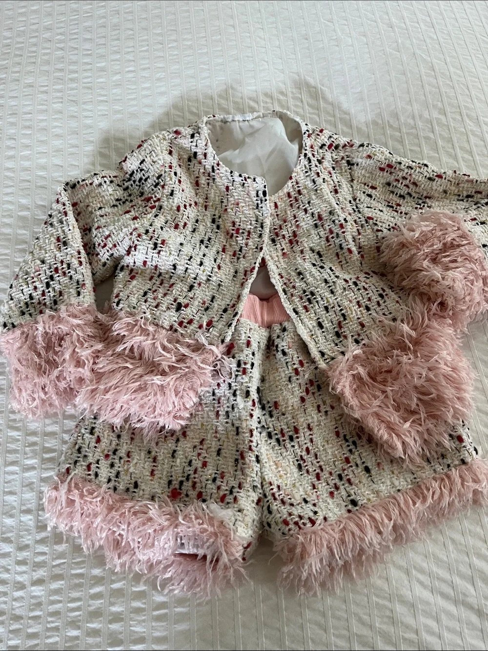 Ivory and pink Tweed Two-Piece Set with Blush Pink Feather Trim